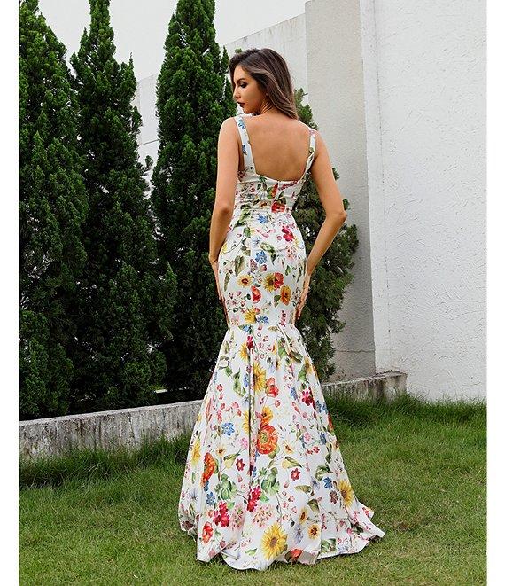Terani Couture Sweetheart Neck Floral Printed Satin Sleeveless Mermaid Gown Product Image