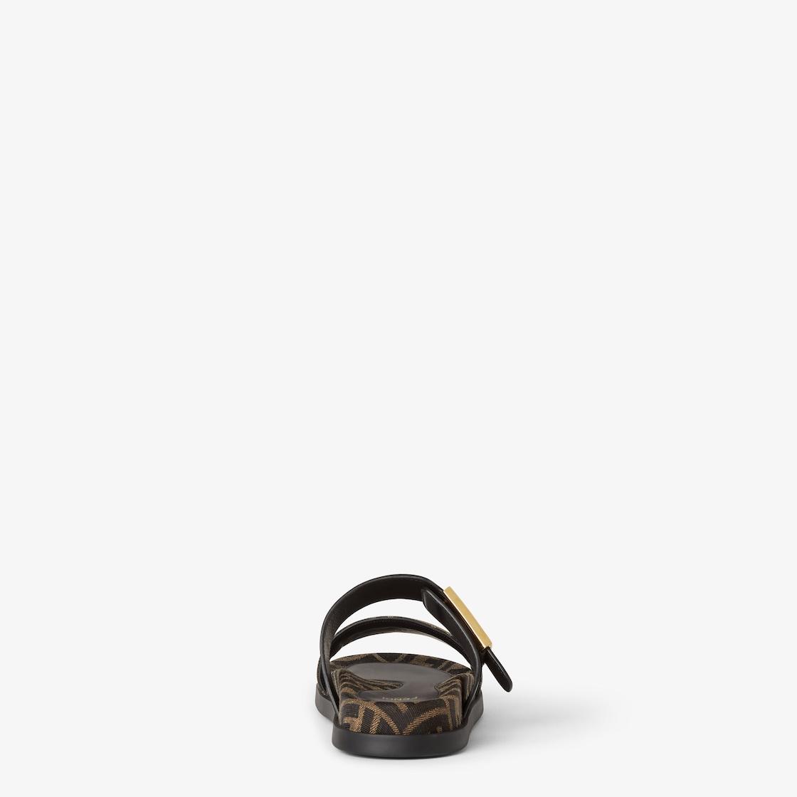 Fendi FeelBlack leather and brown FF fabric slides Product Image
