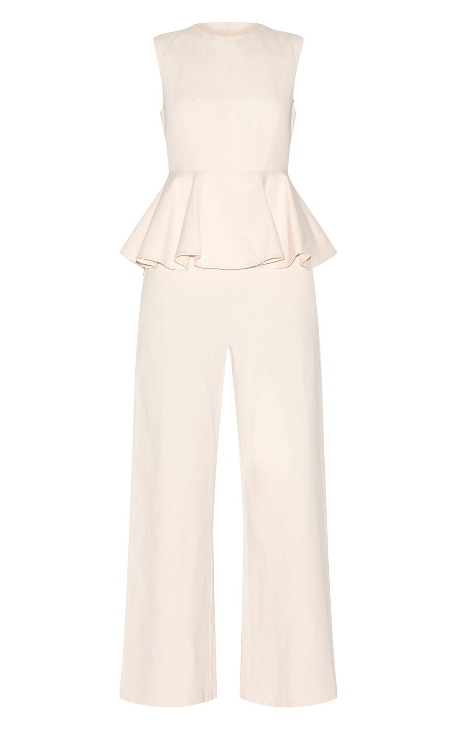  Ecru Cotton Peplum Detail Wide Leg Jumpsuit Product Image