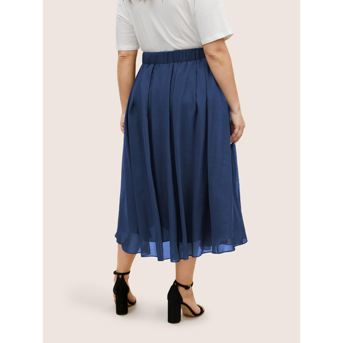 Plus Size Chiffon Solid See Through Tiered Skirt Women Navy Elegant See through No stretch Side seam pocket Everyday Skirts BloomChic 22-24/3X Product Image