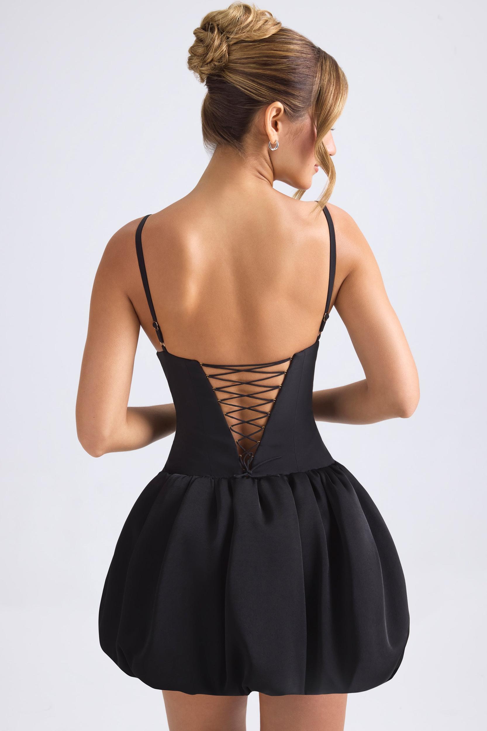 Lace-Up Bubble Hem Corset Micro Mini Dress in Black Product Image