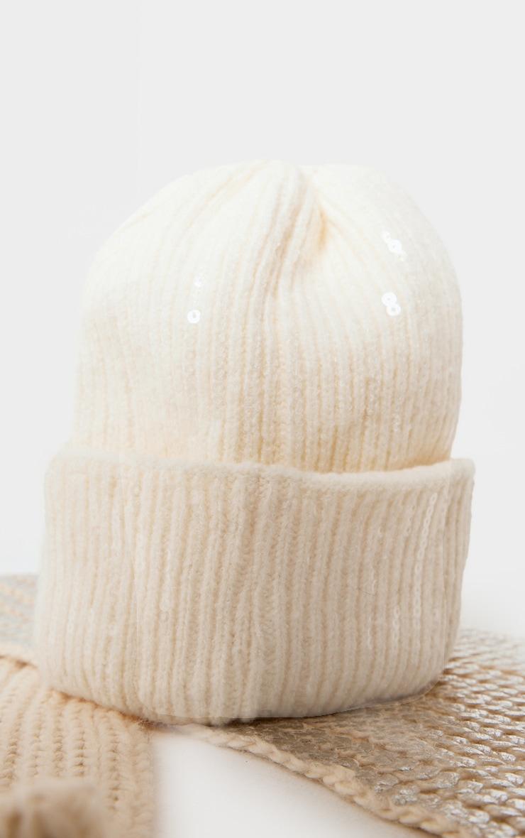 Cream Sequin Rib Beanie Product Image