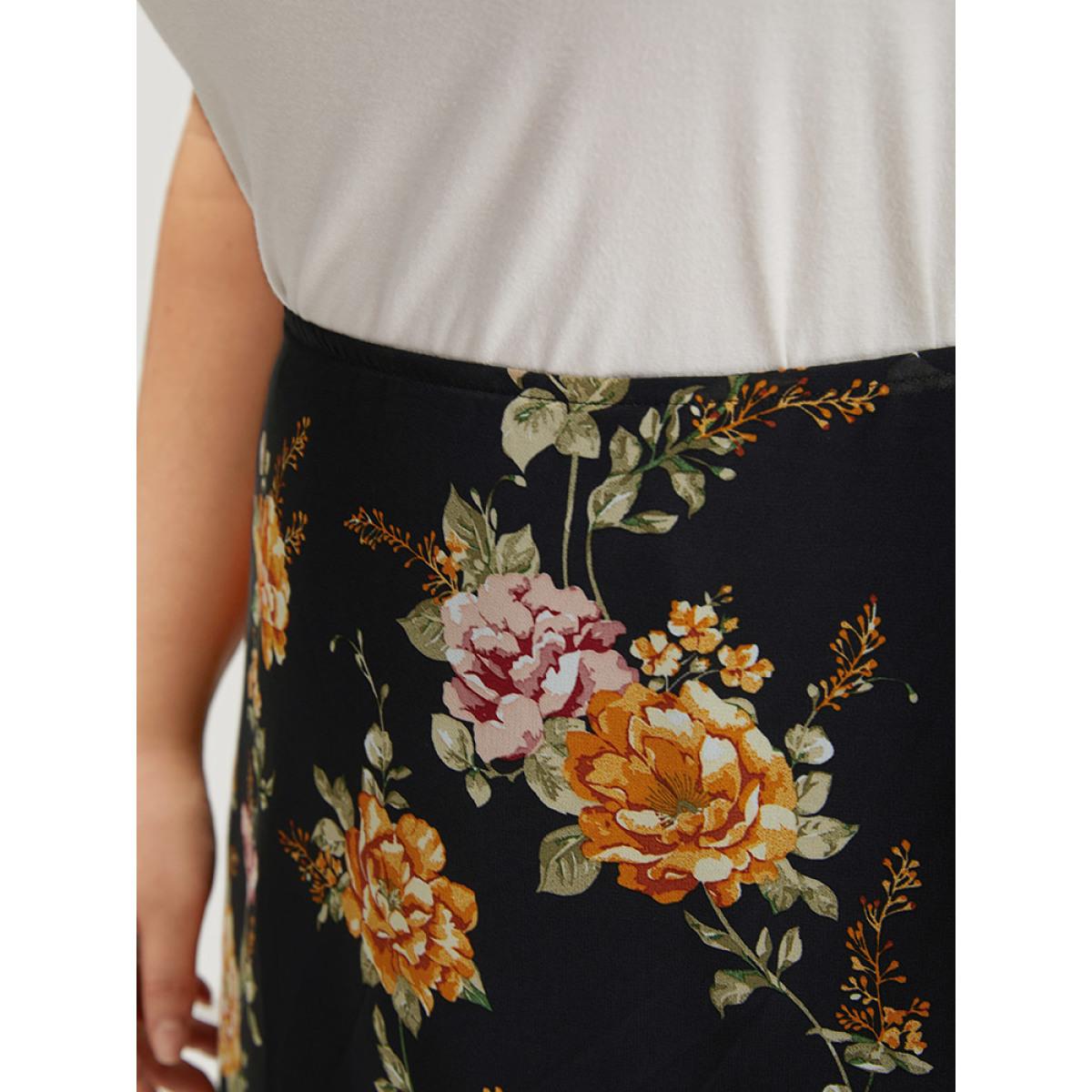 Plus Size Floral Printed Flutter Layered Skirt Women Black Elegant See through No stretch Pocket Dailywear Skirts BloomChic 12/L Product Image