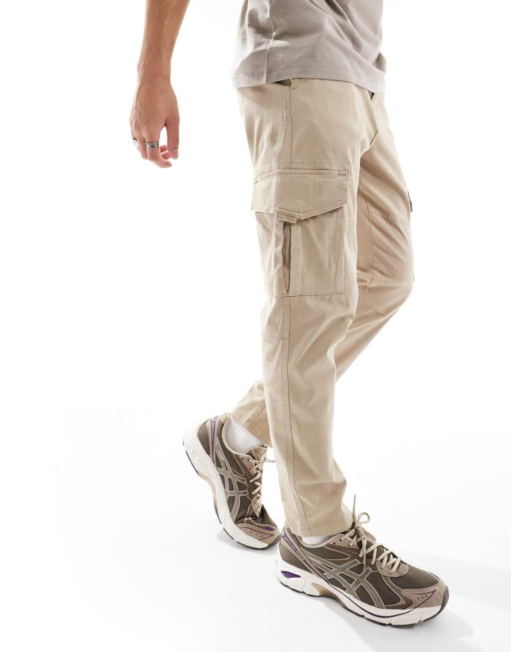 Only & Sons slim fit cargo pants in beige Product Image