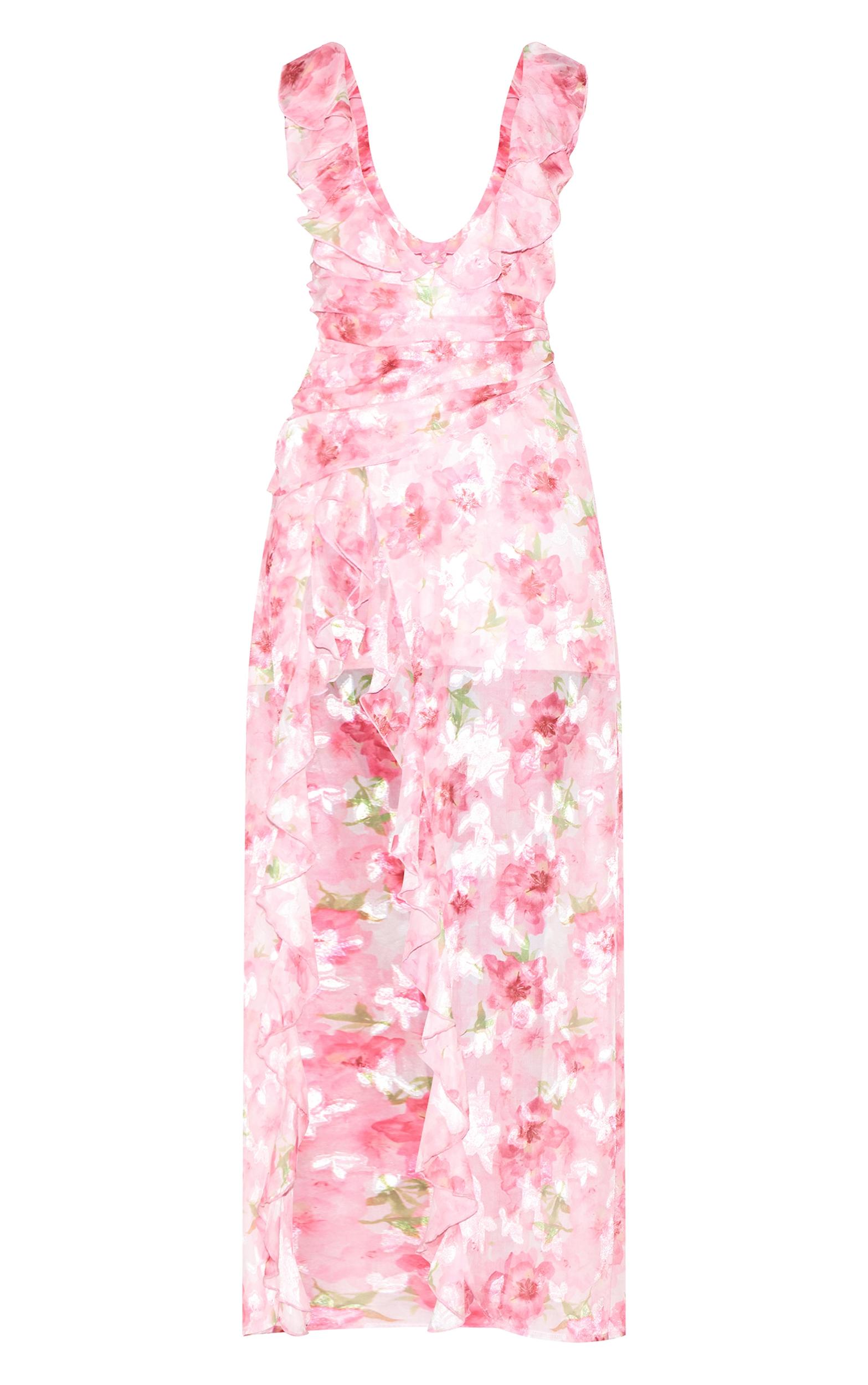 Pink Floral Chiffon Frill Plunge Strappy Maxi Dress Product Image