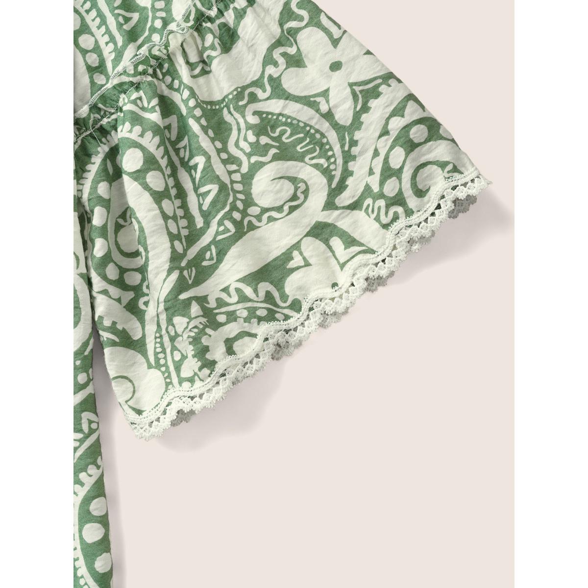 Plus Size Boho Print Lace Trim Frill Trim Kimono Women Green Resort Woven ribbon&lace trim Vacation Kimonos BloomChic 28/5X Product Image