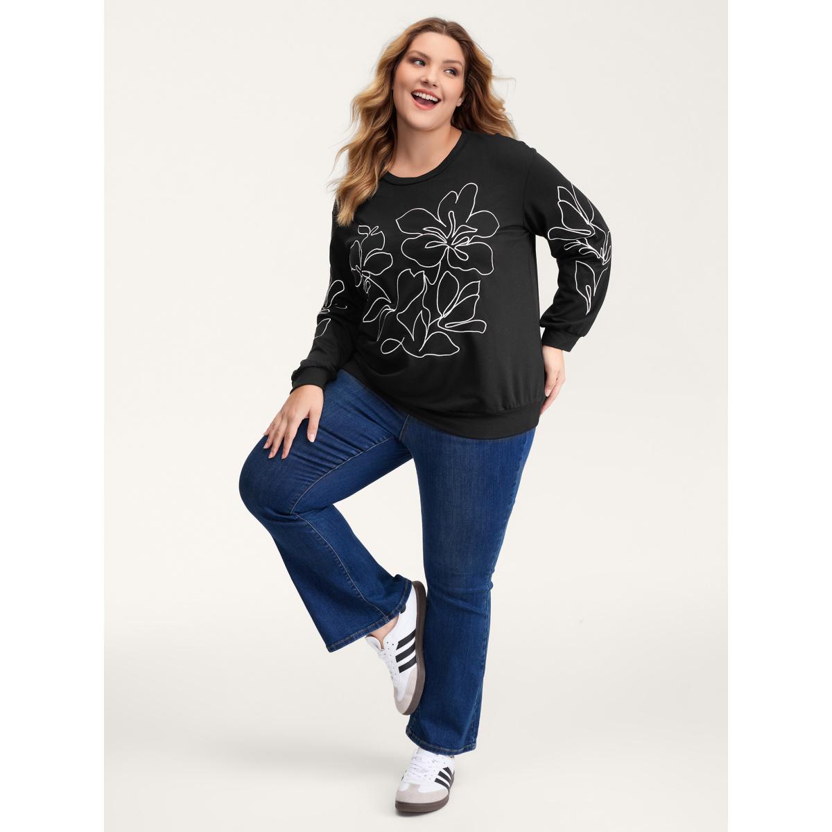 Plus Size Floral Embroidery Relaxed Fit Sweatshirt Women Black Leisure Round Neck Casual Sweatshirts BloomChic 22-24/3X Product Image