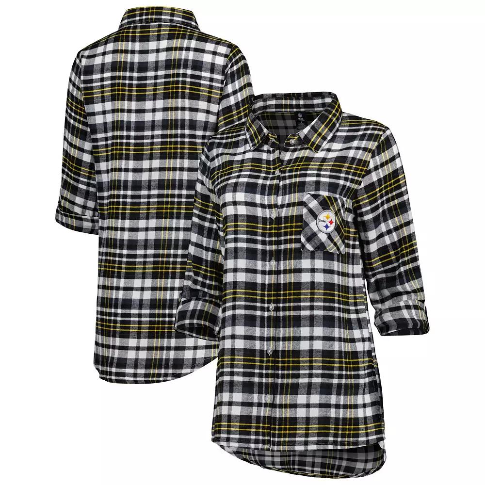 Women's Concepts Sport Black Pittsburgh Steelers Mainstay Plaid Full-Button Long Sleeve Nightshirt, Size: XL Product Image