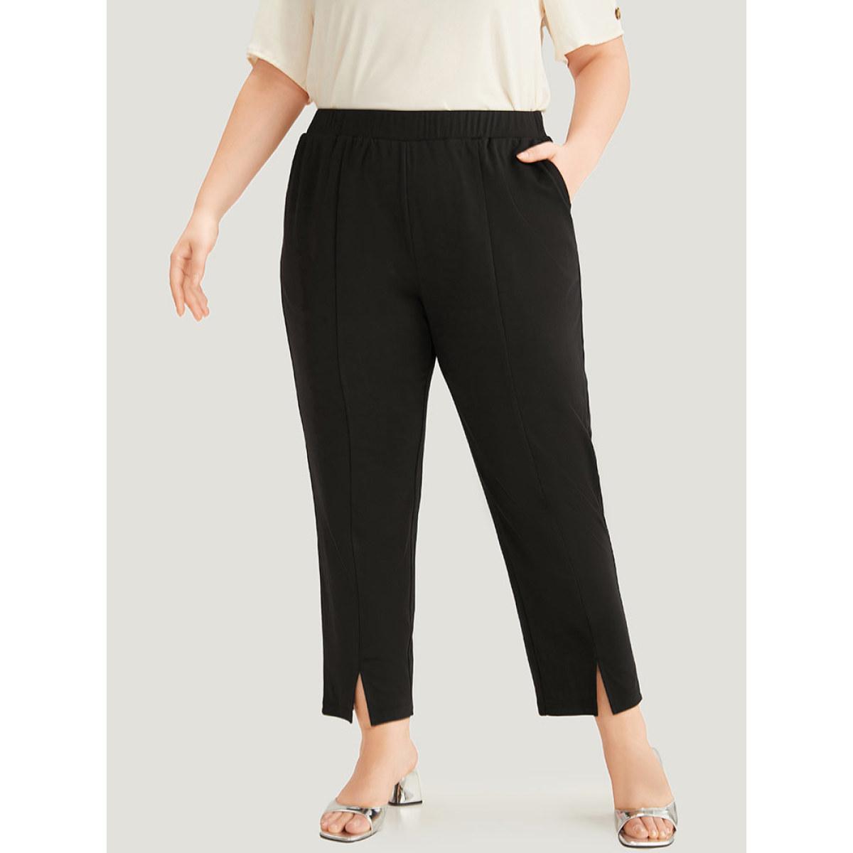 Plus Size Plain Split Hem Pocket Elastic Waist Pants Women Black At the Office High Rise Office Pants BloomChic 10/M Product Image