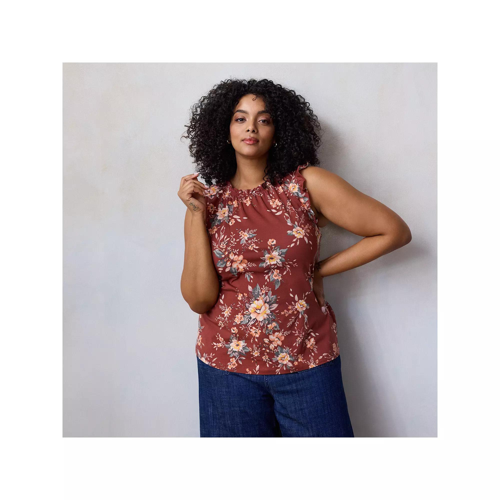 Plus Size LC Lauren Conrad Lace Ruffle Sleeve Crewneck Tank Top, Women's, Size: 1XL, Red Genevieve Garden Product Image