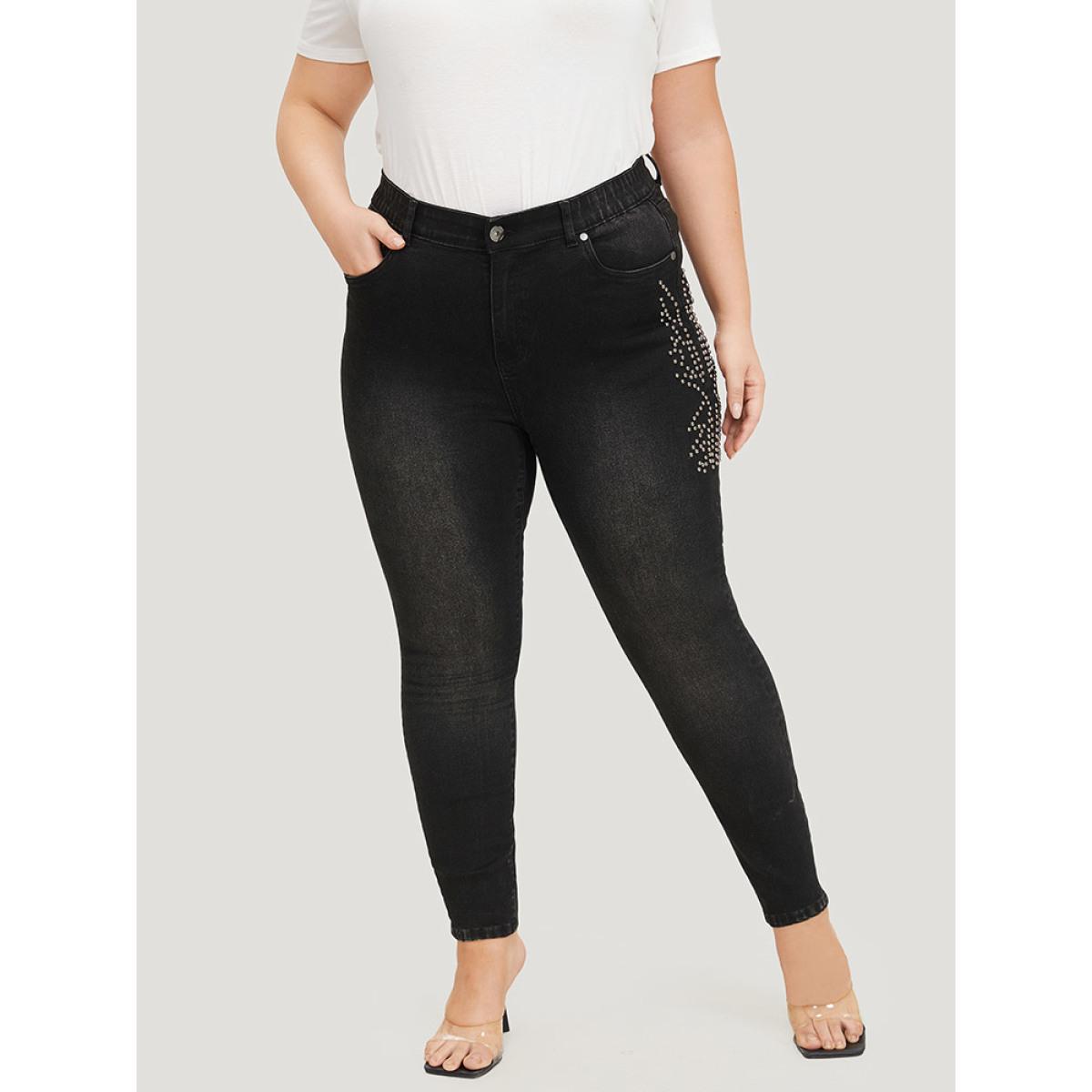 Plus Size Beaded Detail Pocket Very Stretchy Black Wash Jeans Women Black Casual Plain Beaded High stretch Pocket Jeans BloomChic 22/3X Product Image