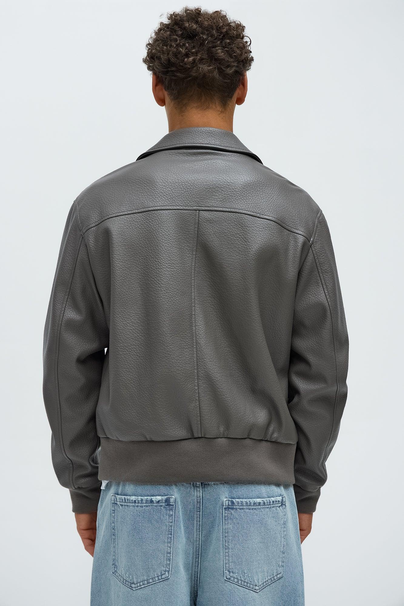 Carver Faux Leather Collar Bomber Jacket - Grey Product Image