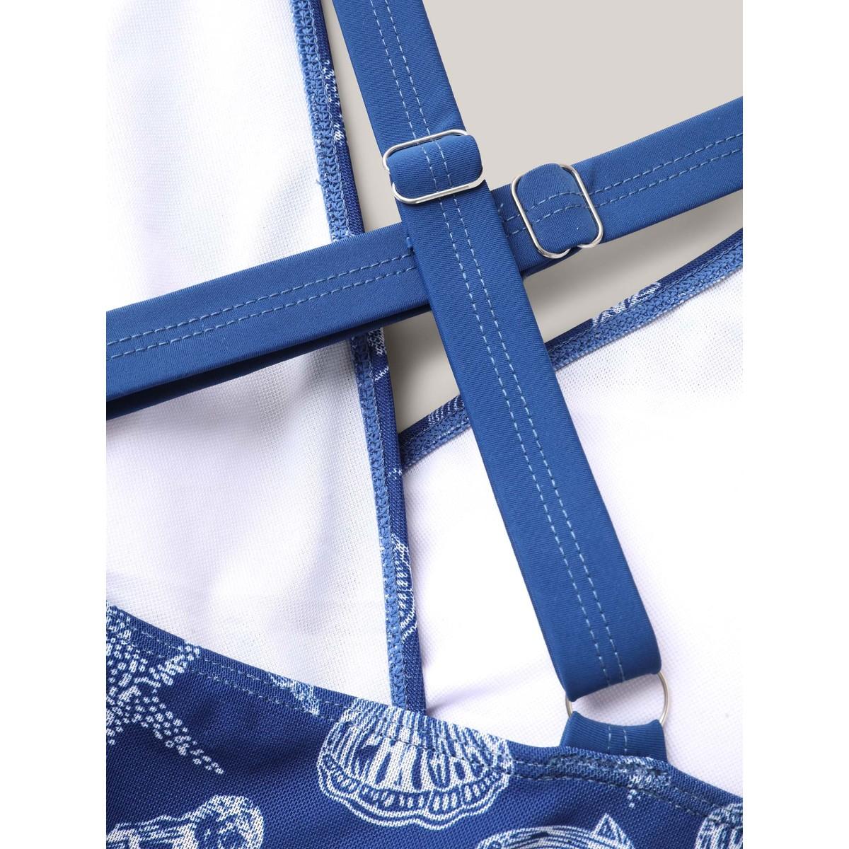 Plus Size Shell Print Mesh Adjustable Cross-Straps Swim Dress Women's Swimwear Cerulean Beach Bodycon Overlap Collar High stretch Curve Swim Dresses BloomChic 10/M Product Image