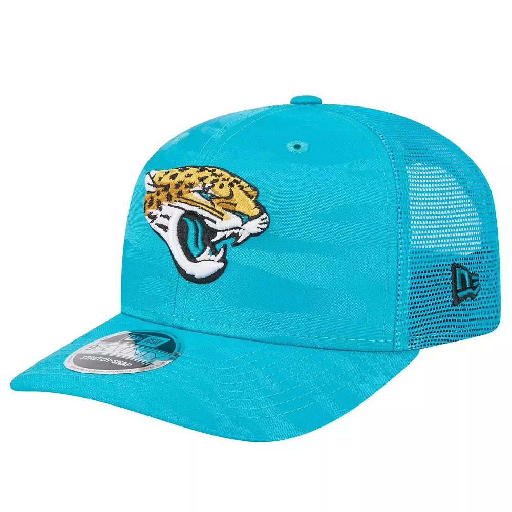 Men's New Era Teal Jacksonville Jaguars Adventure Camo Trucker 9SEVENTY Stretch-Snap Adjustable Hat, Blue Product Image