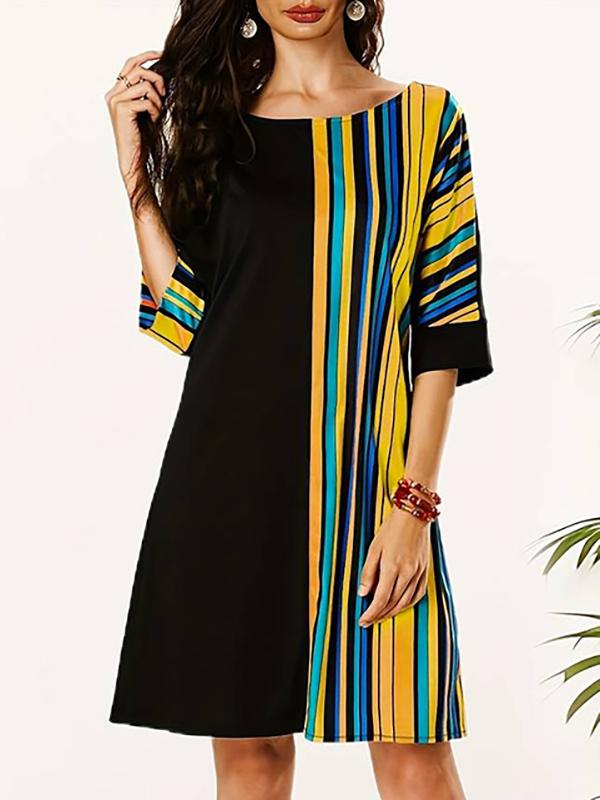 A-Line Half Sleeves Asymmetric Contrast Color Striped Round-Neck Mini Dresses Product Image