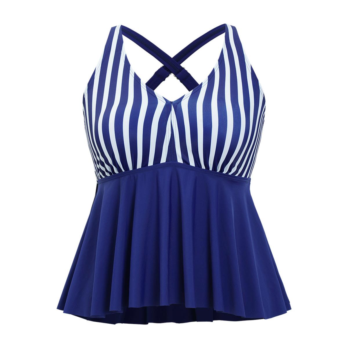 Plus Size Striped Contrast Crossover Ruffle Hem Tankini Top Women's Swimwear Navy Vacation Adjustable Straps High stretch Bodycon V-neck Curve Swim Tops BloomChic 26/4X Product Image