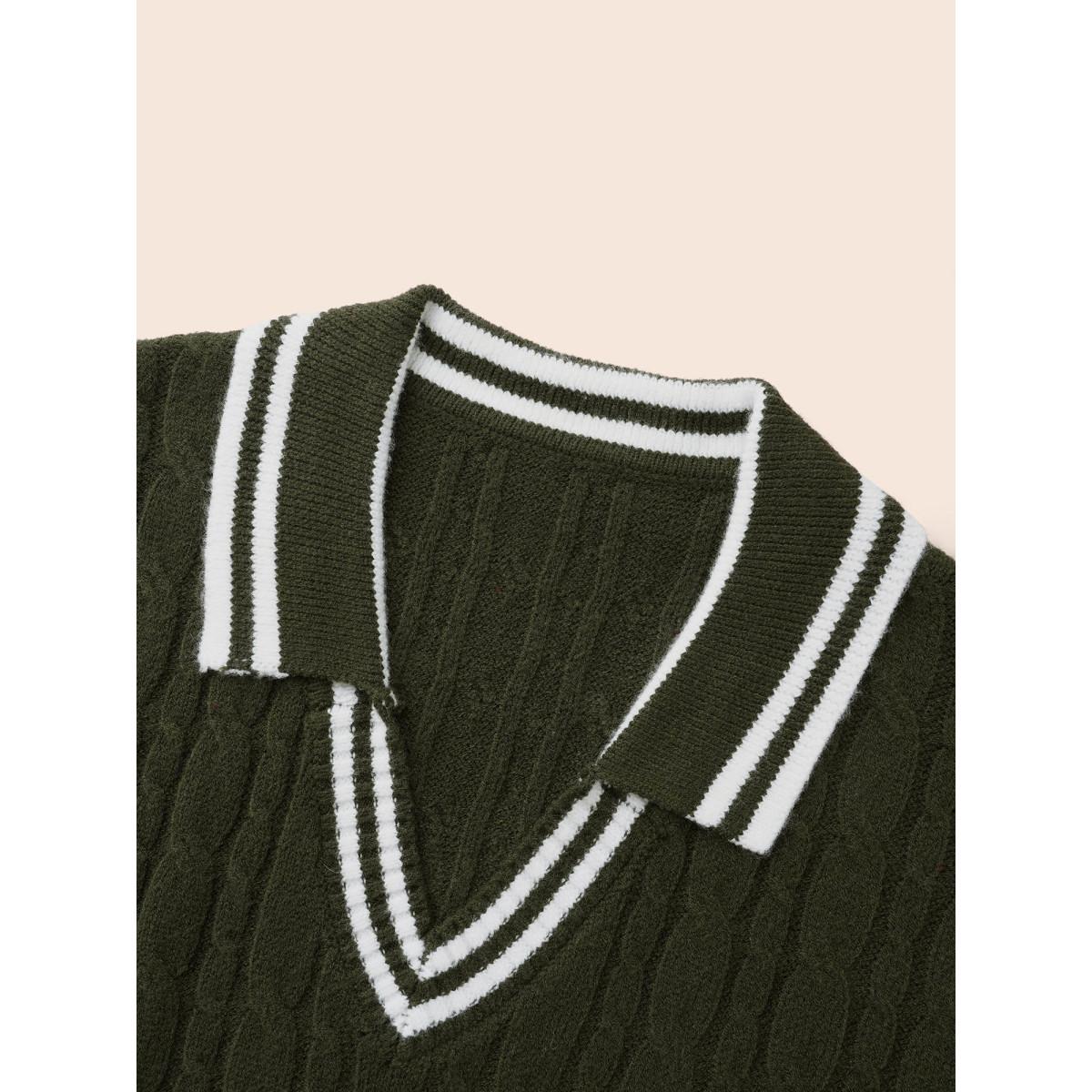 Plus Size Contrast Trim Split Hem Pullover ArmyGreen Women Office Long Sleeve Lapel Collar Office Pullovers BloomChic 28/5X Product Image