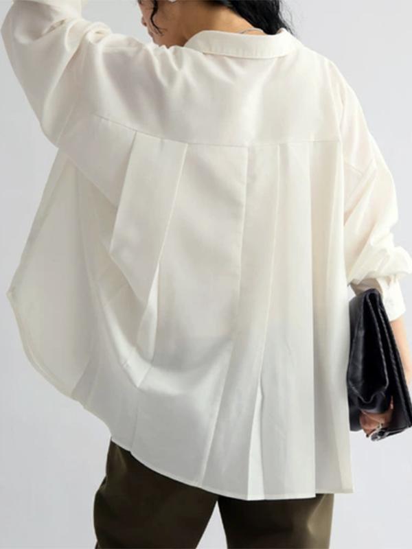 Long Sleeves Loose Buttoned Pleated Solid Color Lapel Blouses&Shirts Tops Product Image