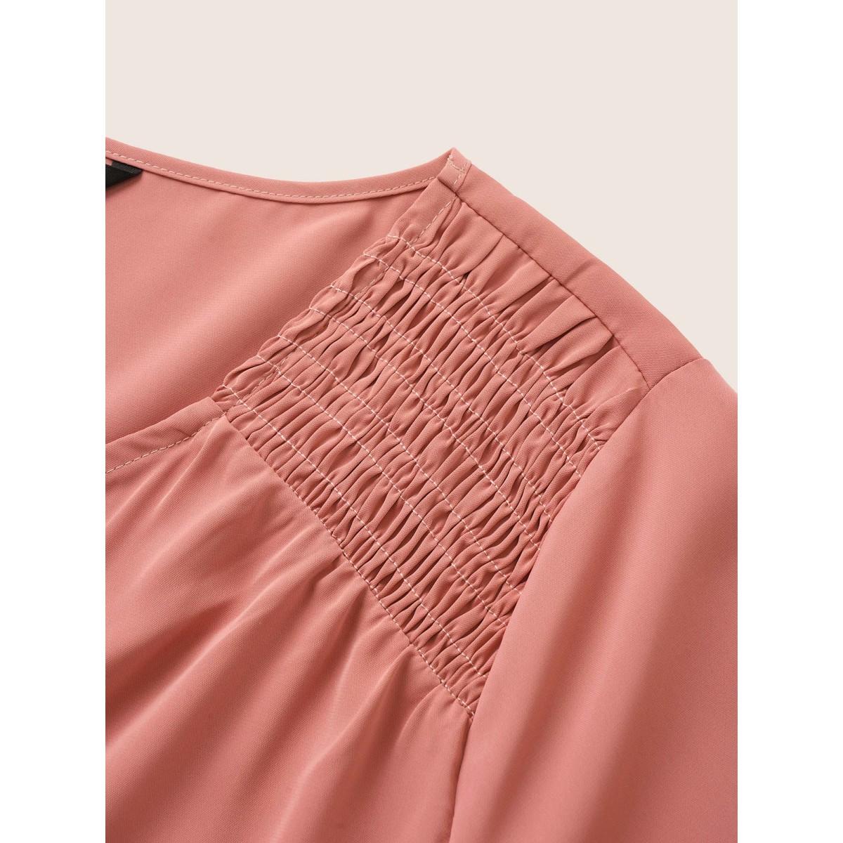 Plus Size Salmon V Neck Solid Shirred Tab Sleeve Blouse Women Work From Home Elbow-length sleeve V-neck Work Blouses BloomChic 26/4X Product Image