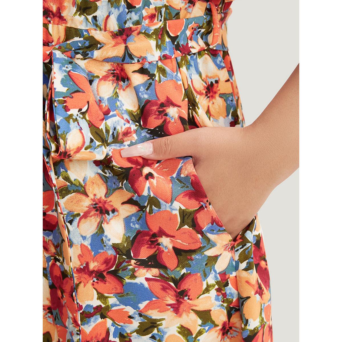 Plus Size Floral Printed Ruffle Sleeve Pocket Surplice Neck Flutter Dress Multicolor Women Elegant Cross straps V-neck Short sleeve Curvy Midi Dress BloomChic 12/L Product Image