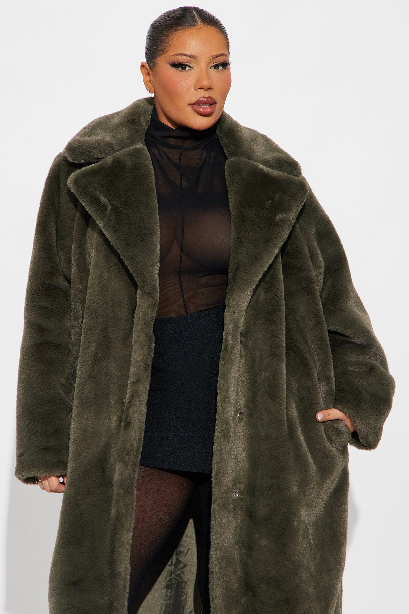 Victoria Faux Fur Trench Coat - Olive Female Product Image