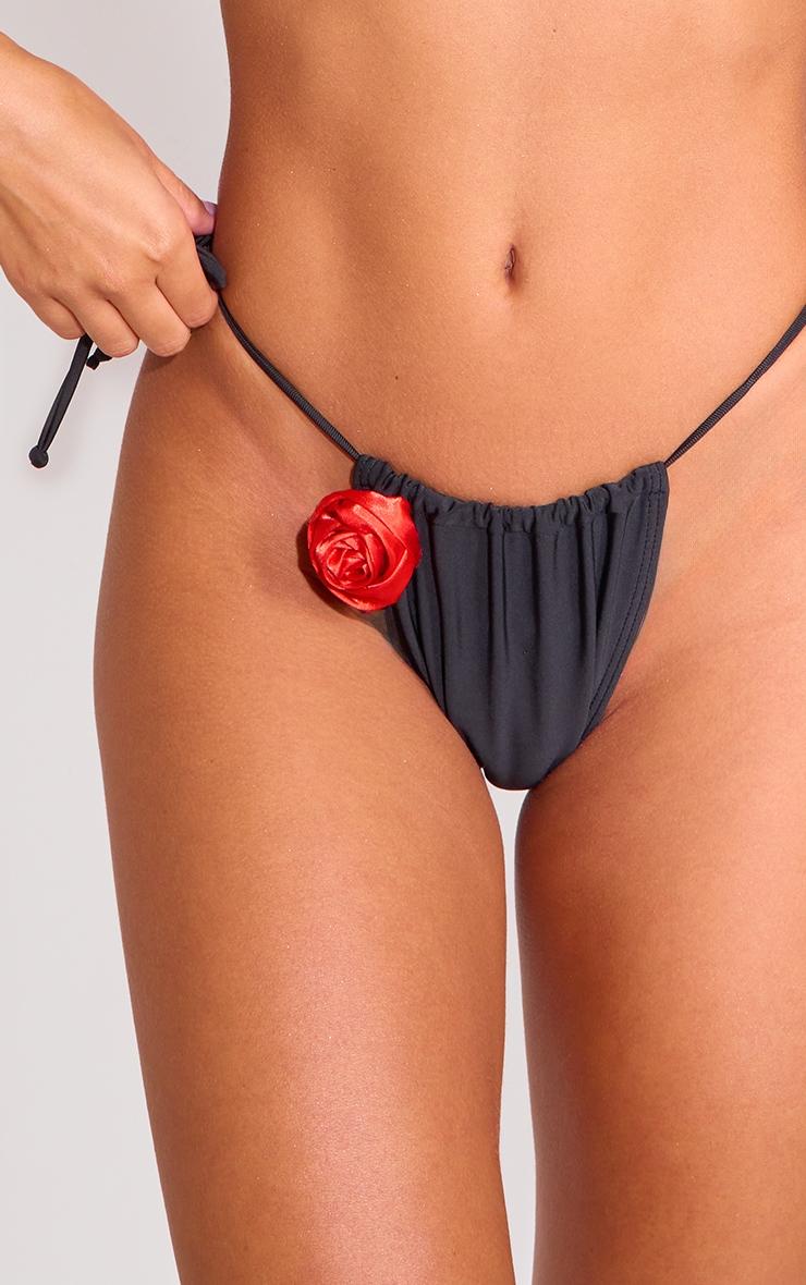Black Contrast Flower Trim Tie Side Bikini Bottoms Product Image