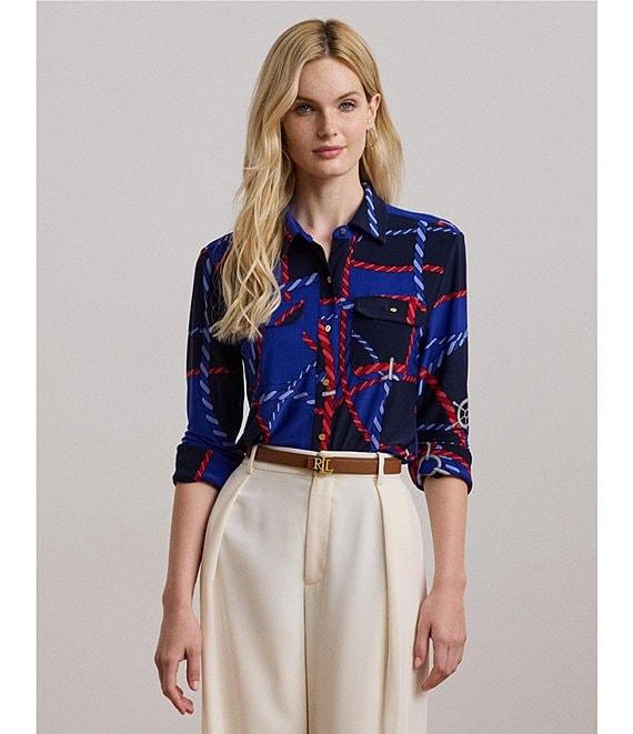 Lauren Ralph Lauren Jersey Knit Rope Print Point Collar Long Sleeve Button Front Shirt Product Image