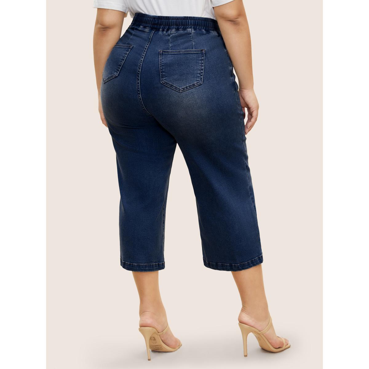 Plus Size Light Wash Drawstring Cropped Wide Leg Jeans Women Denimindigo Casual Drawstring High stretch Slanted pocket Jeans BloomChic 26/4X Product Image