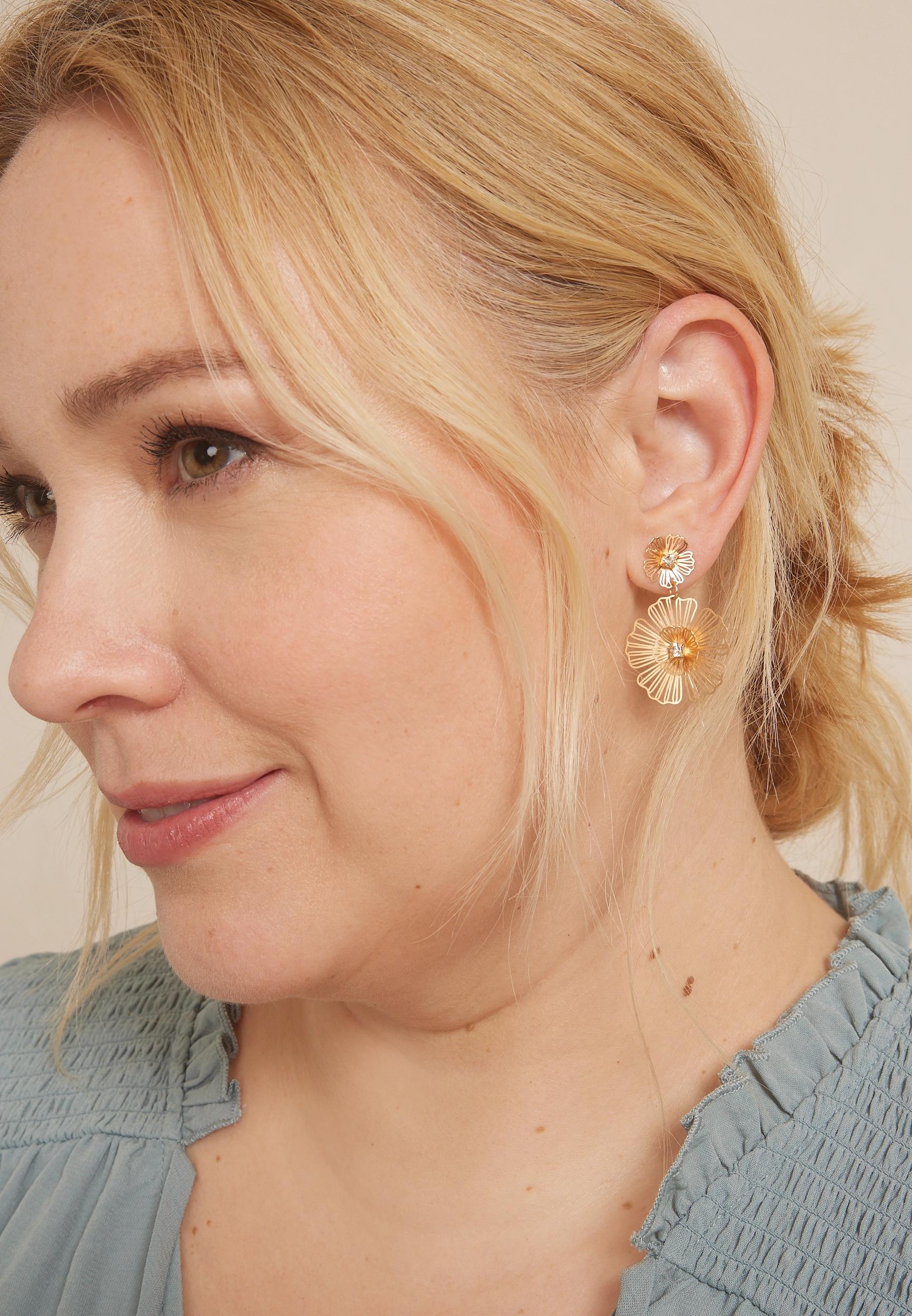 Gold Double Floral Drop Earrings Product Image