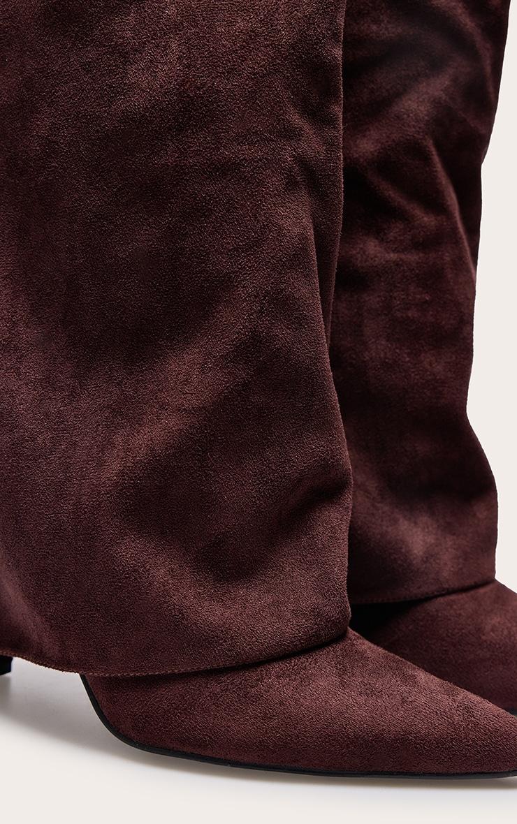 Chocolate Faux Suede Point Toe Fold Over Knee Block Heeled Boots Product Image