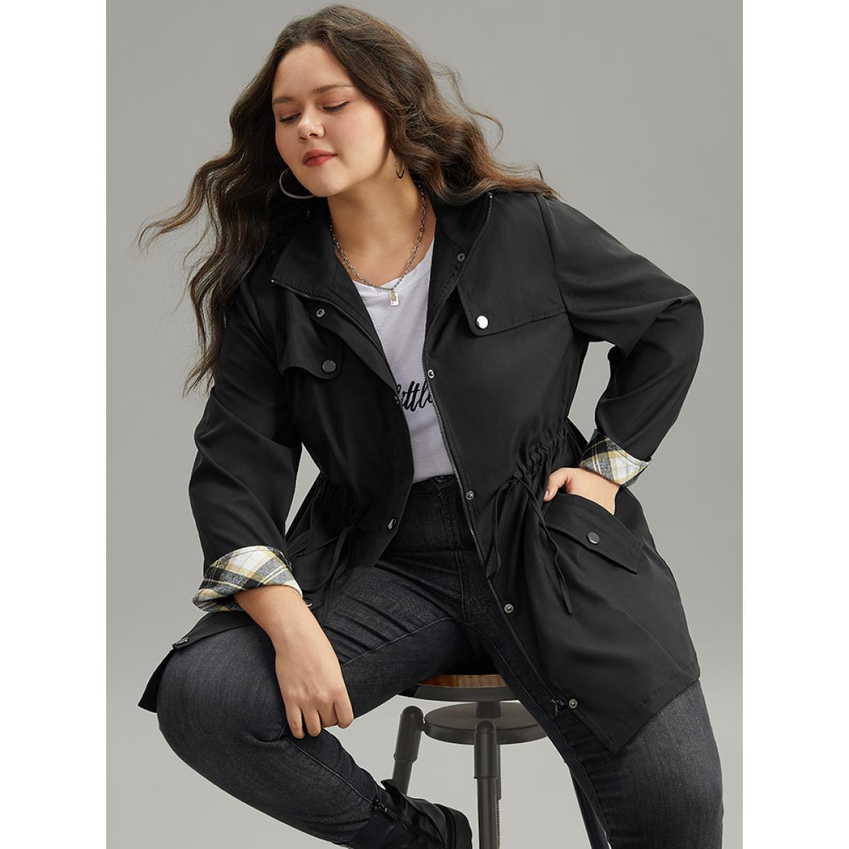 Plus Size Wind-Resistant Plaid Patchwork Drawstring Zipper Coat Women Black Contrast Pocket Dailywear Jackets BloomChic 10/M Product Image