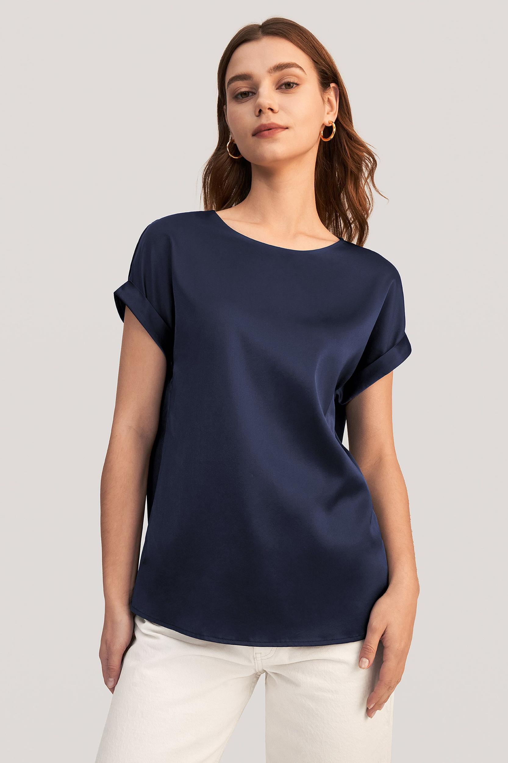 LILYSILK Women Silk Tee Shirts Black Quality Stretchy Silk Soft Classic Round Neck Rolled Cuffs Silk Top XS Product Image