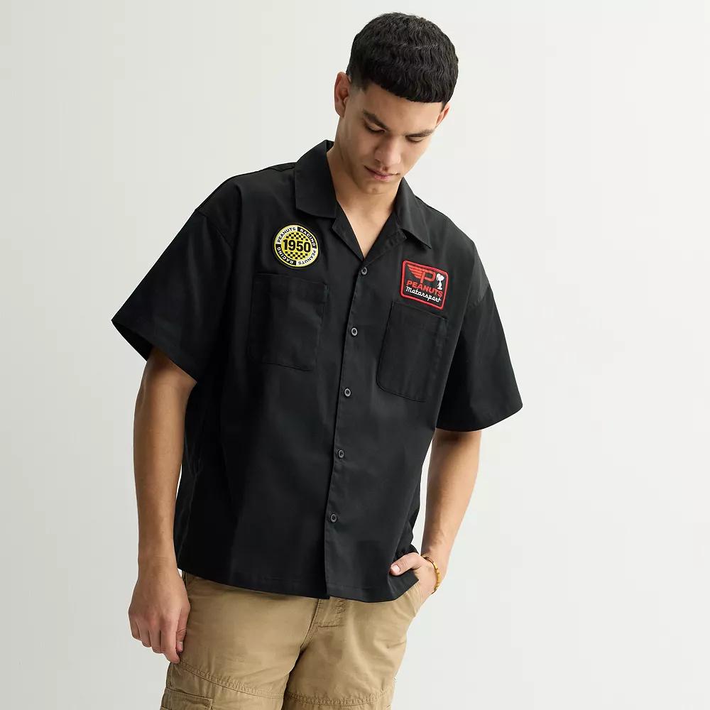 Men's Peanuts Racing Motorsport Short Sleeve Button-Down Shirt, Size: XL, Black Product Image