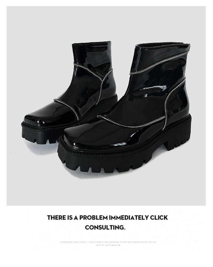 Platform Square Toe Plain Zipped Genuine Leather Short Boots Product Image