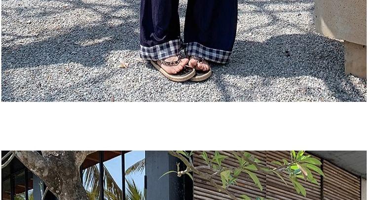 Maternity Set: Sleeveless Round Neck Plaid Peplum Top + Drawstring Waist Panel Wide Leg Pants Product Image
