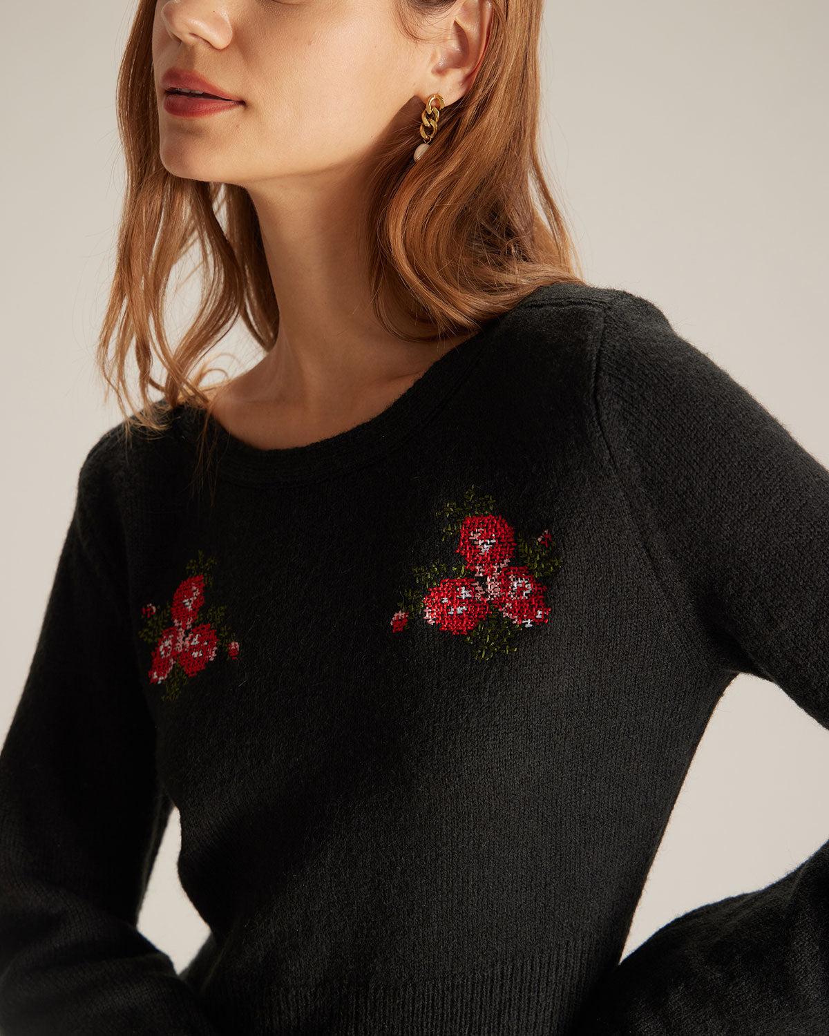 The Black Round Neck Embroidery Mini Dress Product Image