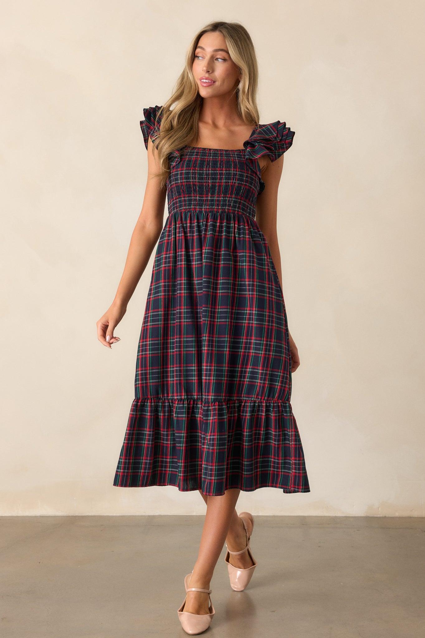 Always Good Cotton Navy Plaid Flutter Sleeve Midi Dress Product Image