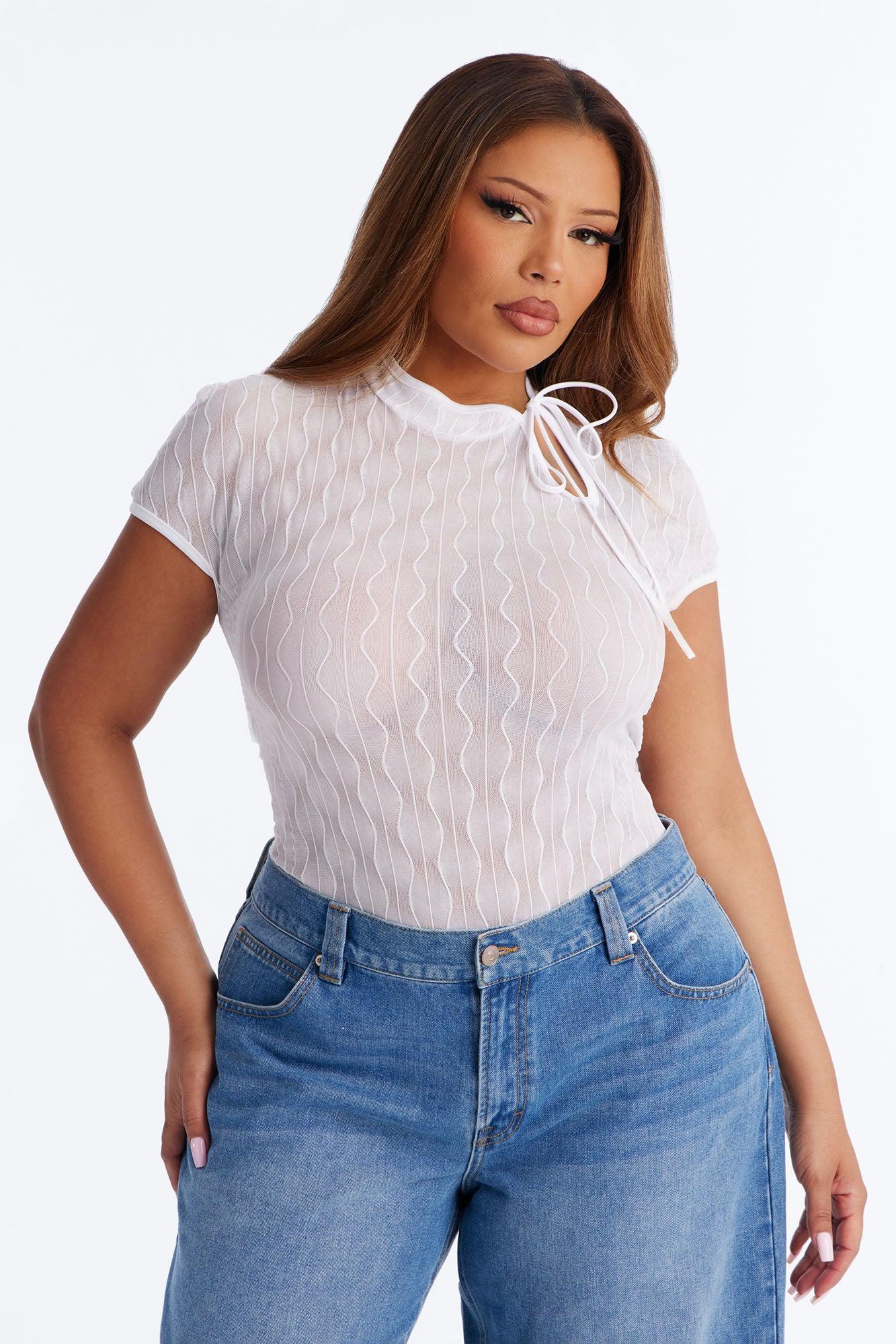 Nayeli Sheer Mesh Short Sleeve Bodysuit - Ivory Female Product Image