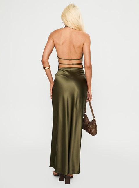 Iridescent Plunge Maxi Dress Olive Green Product Image