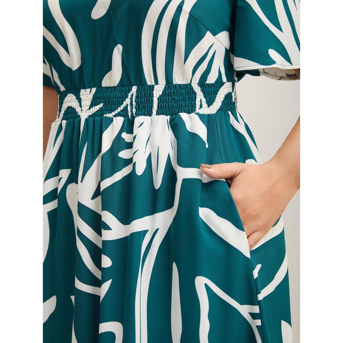 Plus Size Large Flower Print Shirred Waist Midi Dress Teal Women V-neck Short sleeve Curvy BloomChic 14-16/1X Product Image