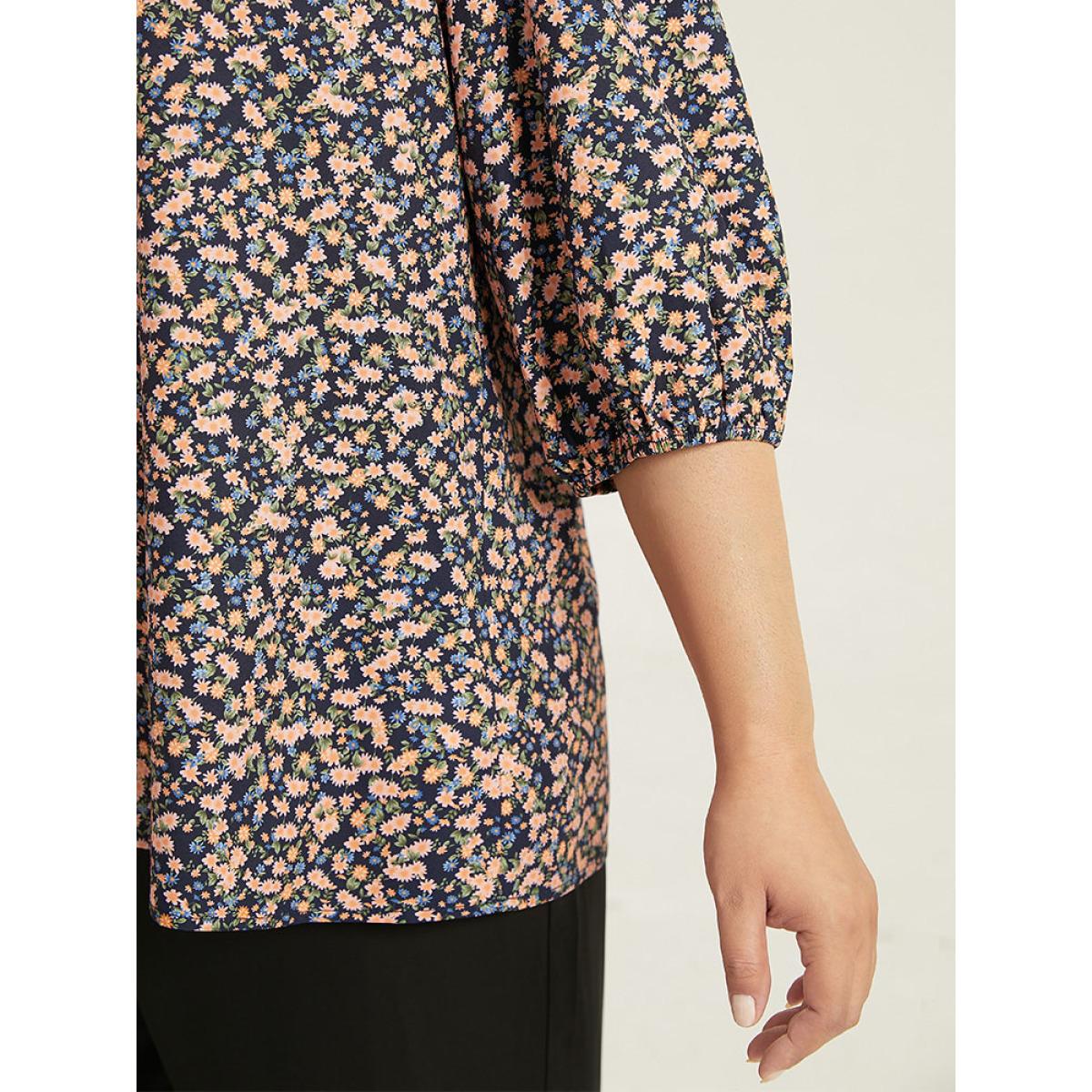 Plus Size Multicolor Ditsy Floral Notched Elastic Cuffs Blouse Women Elegant Elbow-length sleeve V-neck Dailywear Blouses BloomChic 12/L Product Image