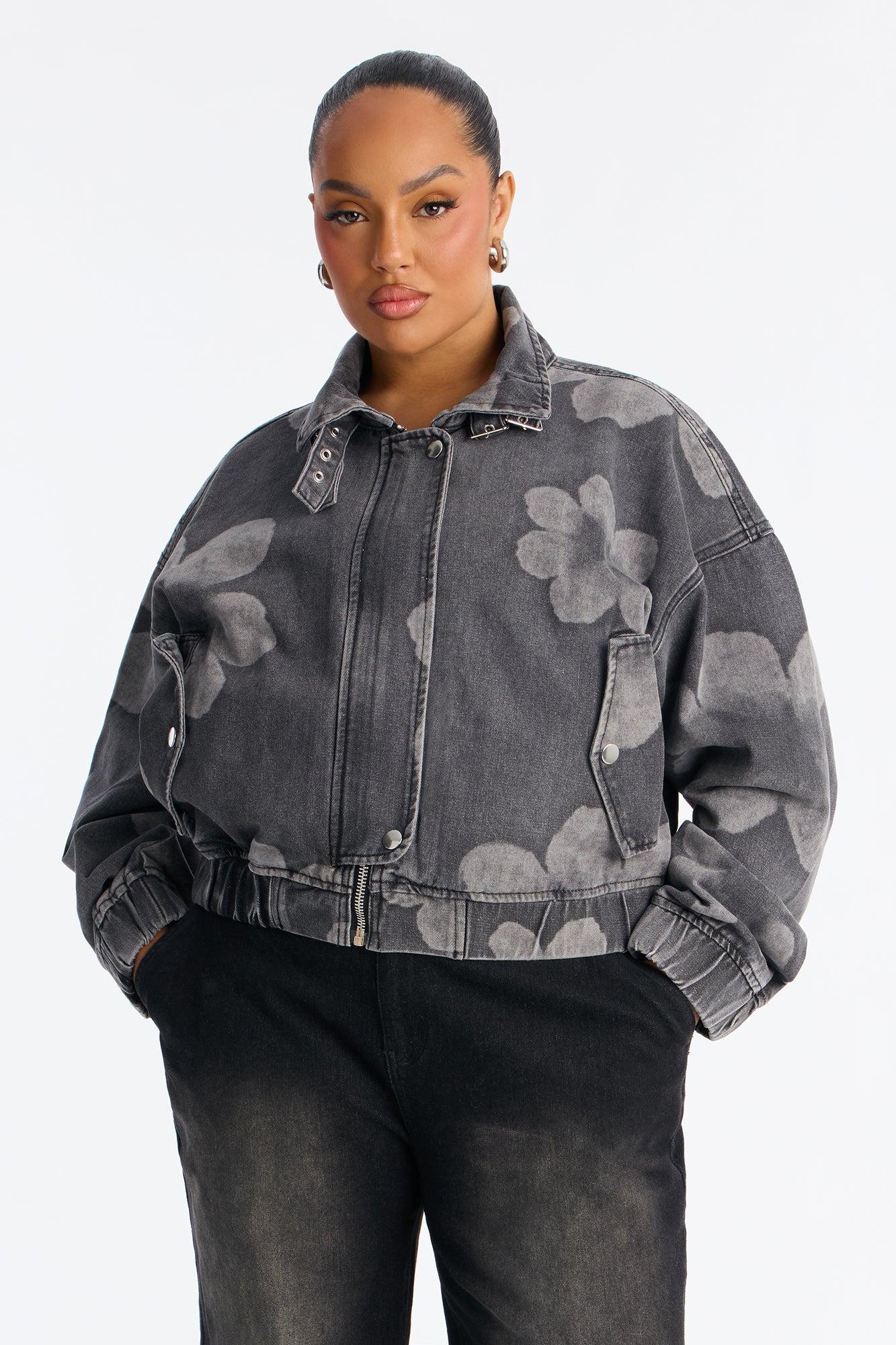 Born To Bloom High Neck Denim Jacket - Grey/Smoke Female Product Image