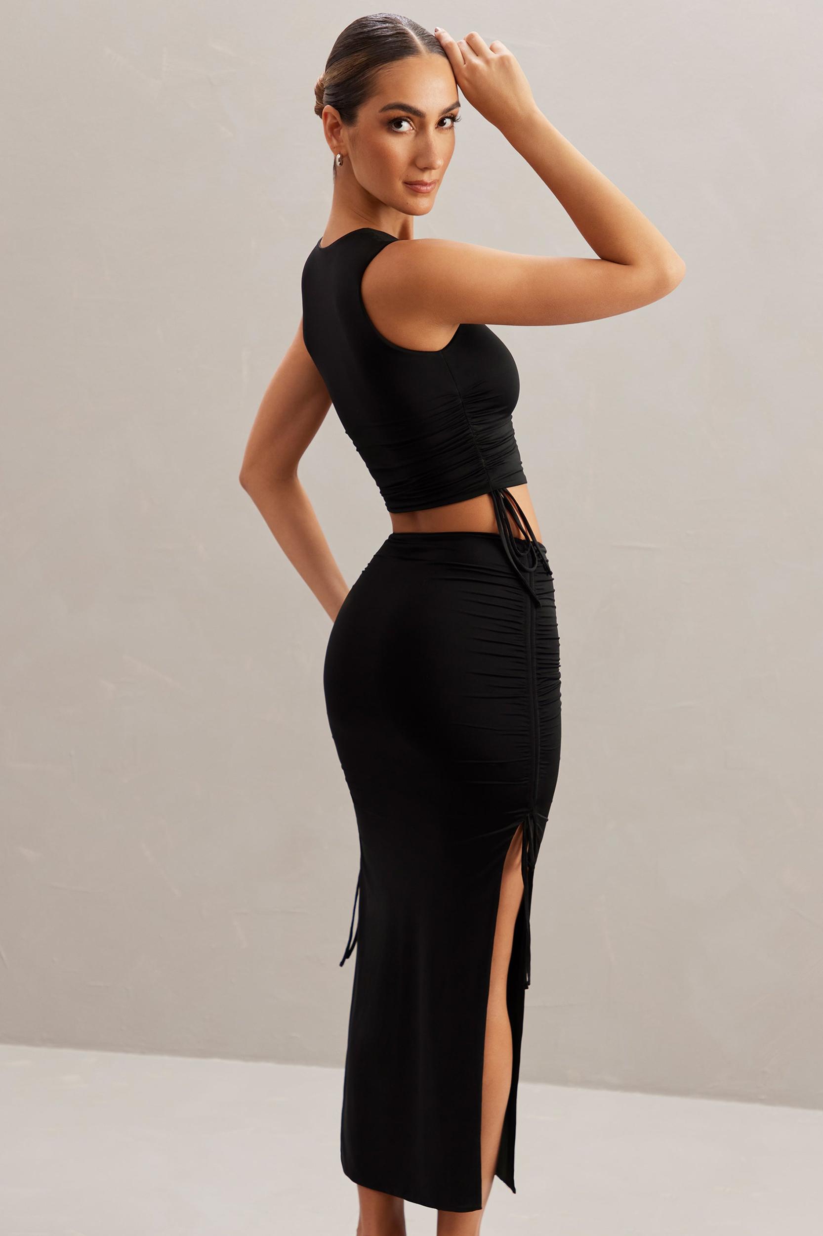 Mid Rise Midi Skirt in Black Product Image