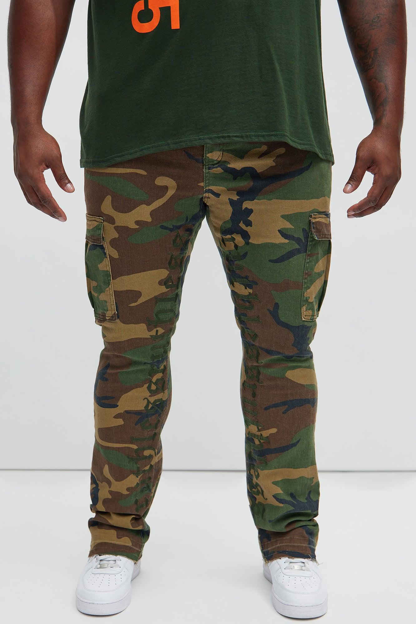 Ruthless Embroidered Stacked Skinny Cargo Flare Pants - Camouflage Product Image
