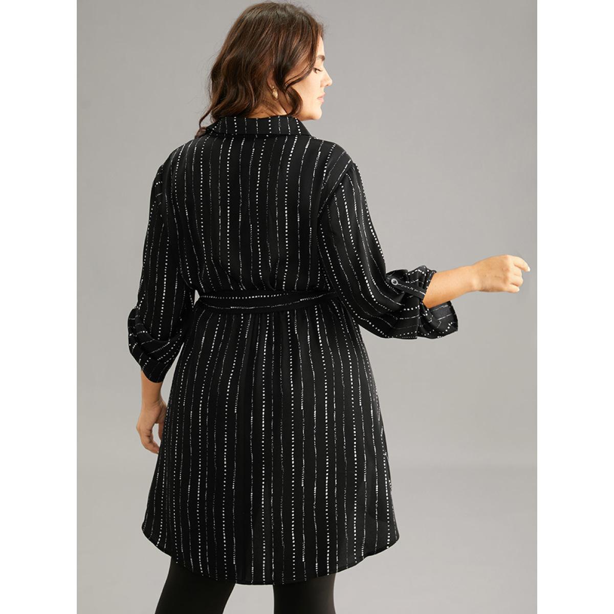 Plus Size Black Striped Belted Shirt Collar Asymmetrical Hem Blouse Women Office Long Sleeve Shirt collar Office Blouses BloomChic 18-20/2X Product Image