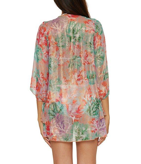 Becca By Rebecca Virtue Coral Reef Sheer knit Tie Front Kimono Swim Cover-Up Product Image