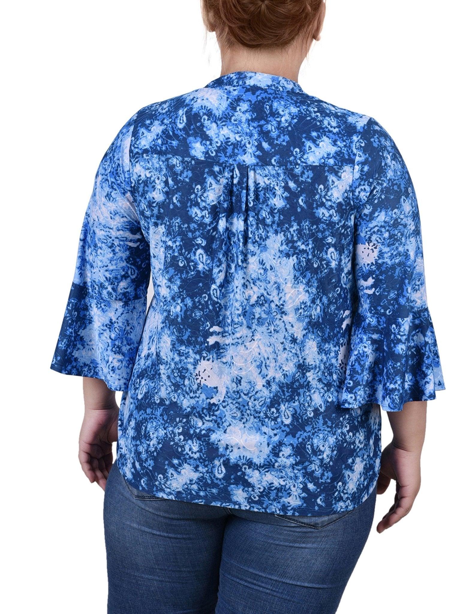 Blue Flower 3/4 Bell Sleeve Pleat Front Y Neck Top - Plus Product Image