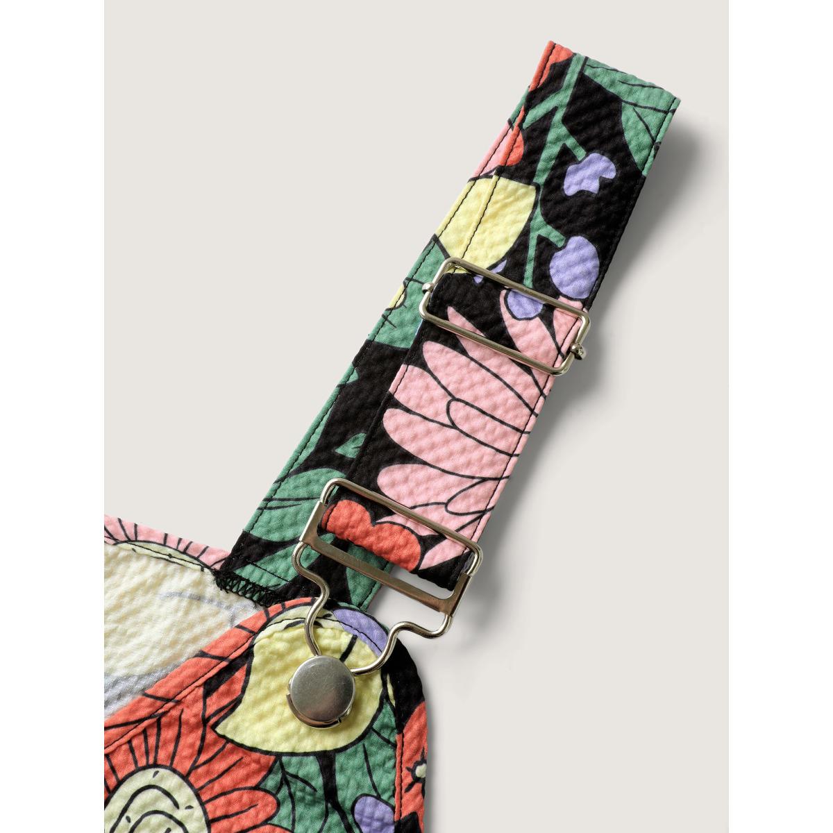 Plus Size Floral Print Textured Overall Straps Dress Multicolor Women Playful Round Neck Sleeveless Curvy BloomChic 28/5X Product Image