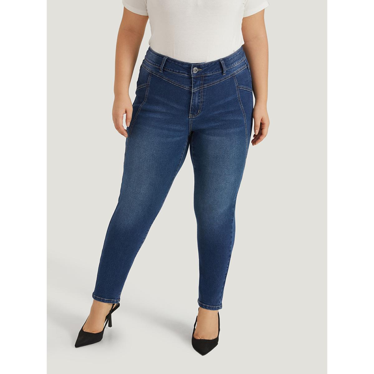 Plus Size Solid Very Stretchy Patchwork High Rise Jeans Women Blue Casual Plain Plain High stretch Pocket Jeans BloomChic 10/M Product Image