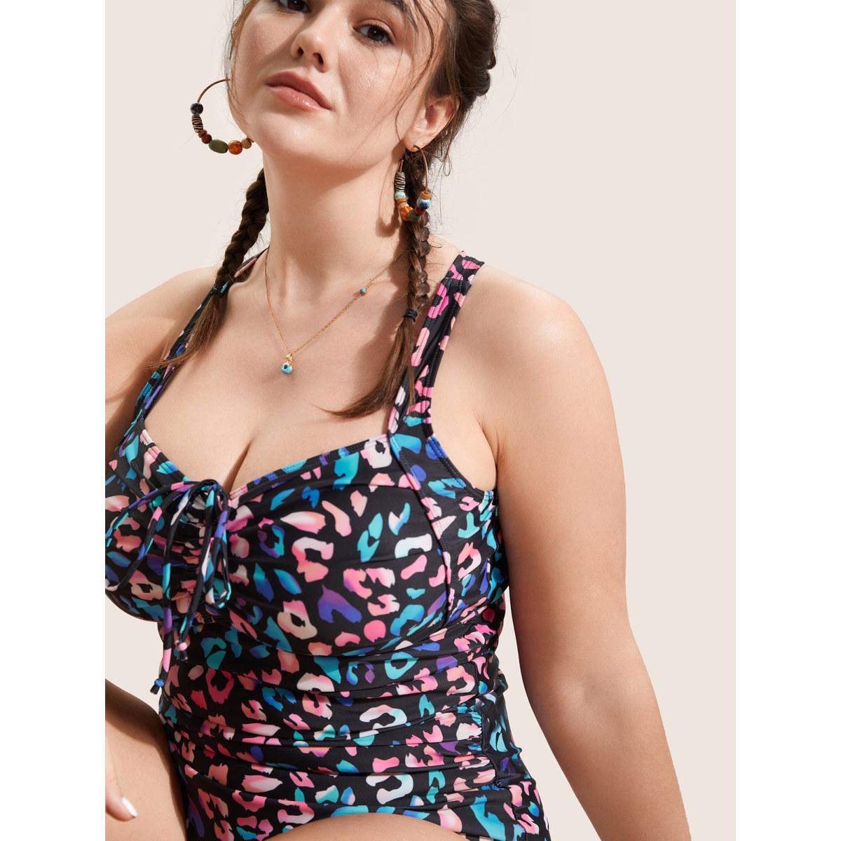 Plus Size Leopard Print Gathered Knotted One Piece Swimsuit Women's Swimwear Multicolor Beach Gathered Curve Bathing Suits High stretch One Pieces BloomChic 22-24/3X Product Image